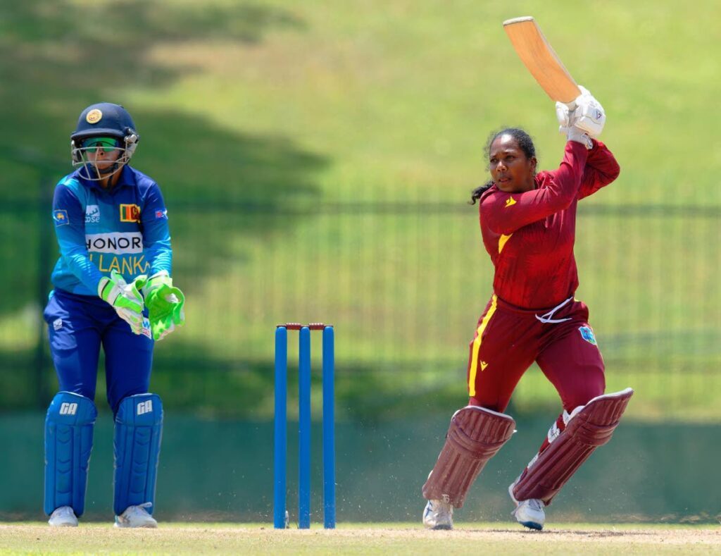 West Indies batter Afy Fletcher (R) plays a shot through the off-side versus Sri Lanka in the second One-day international at the Mahinda Rajapaksa International Cricket Stadium, Hambantota on Tuesday. PhotoS courtesy CWI media.  - 