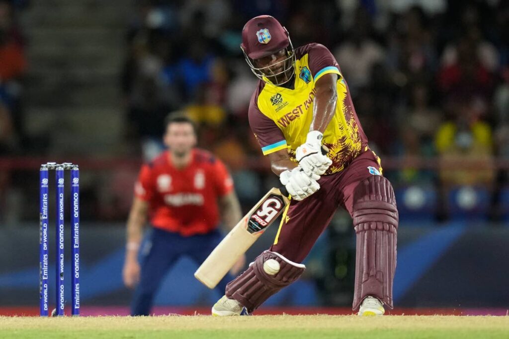 West Indies' Johnson Charles bats during the men's T20 World Cup Super 8 match against England at the Darren Sammy National Cricket Stadium, Gros Islet, St Lucia, on June 19, 2024. - AP PHOTO