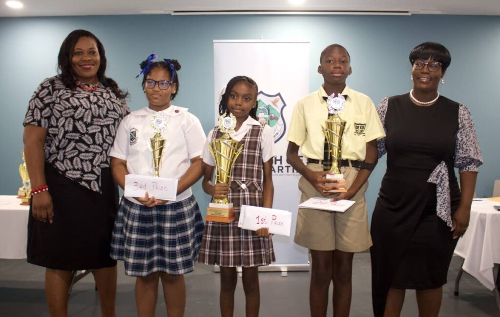 From left, councillor Marcia Marslin for Petit Valley/Cocorite, third place winner Tamia De Souza, first place winner Renecia Frederick, second place winner Kealon Noel and Mayor Akeliah Glasgow-Warner. - Photo courtesy Jenna Edwards-Barran