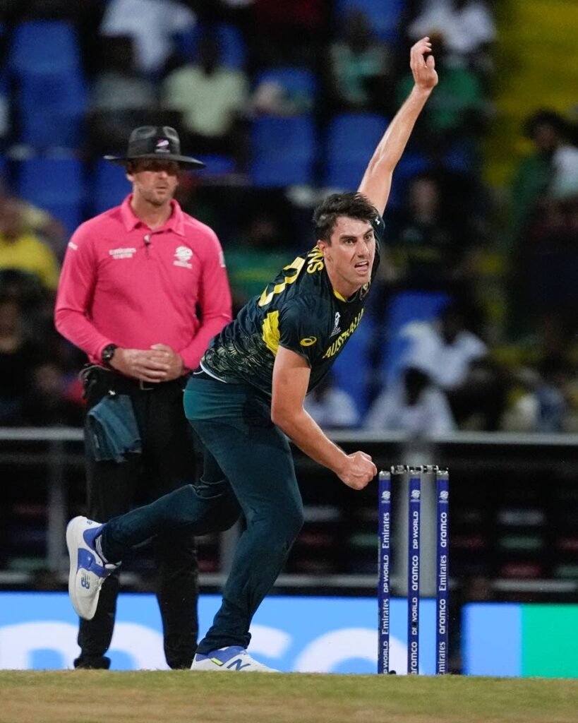 Australia’s Pat Cummins bowls during the ICC Men’s T20 World Cup match vs Bangladesh in North Sound, Antigua and Barbuda, Thursday. - AP PHOTO