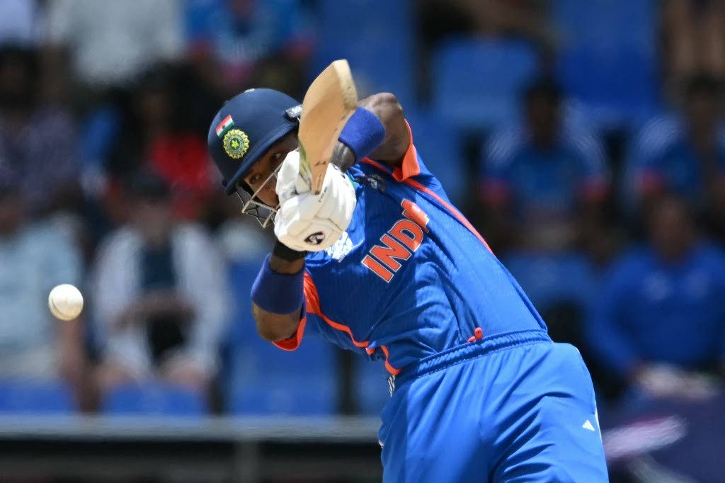 India’s Hardik Pandya plays a shot during the ICC men’s Twenty20 World Cup 2024 Super Eight match against Bangladesh at the Sir Vivian Richards Stadium in North Sound, Antigua and Barbuda, on Saturday.  - AFP PHOTO