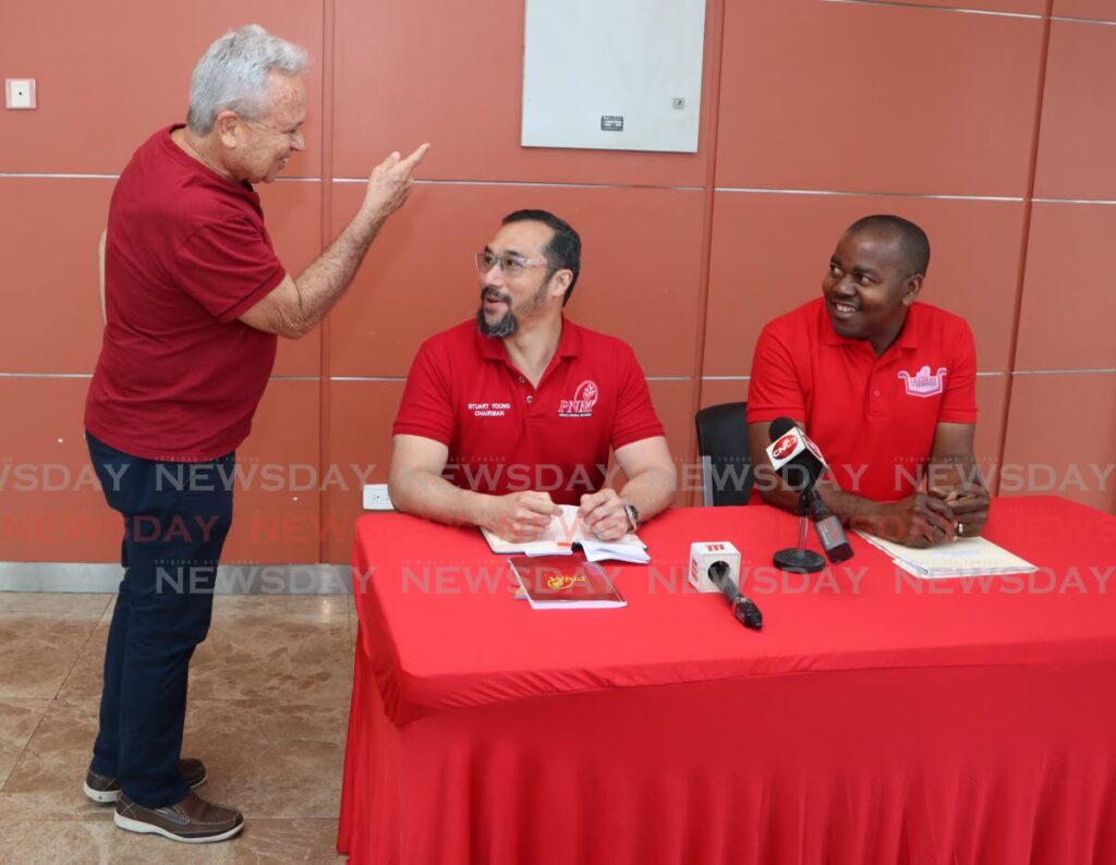 PNM deputy political leader Colm Imbert, left, with the party's chairman Stuart Young and general secretary Foster Cummings at the Southern Academy for the Performing Arts, San Fernando on June 22. - Photo by Angelo Marcelle