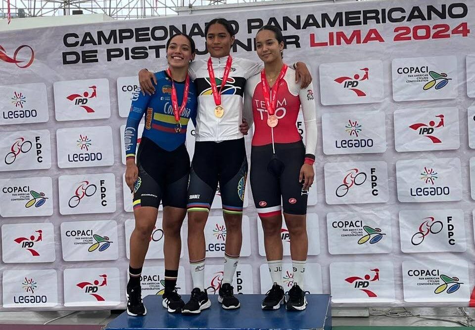 TT cyclist Makaira Wallace (R) takes to the podium after capturing a bronze medal in the women's keirin event at the 2024 Junior Pan American Track Cycling Championships in Peru on June 23. - Photo courtesy TT Cycling Federation. 
