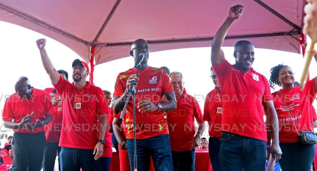 Prime Minister Dr Keith Rowley speaks to party members and supporters at a PNM sports and family day at Skinner Park, San Fernando, on Sunday. - Venessa Mohammed