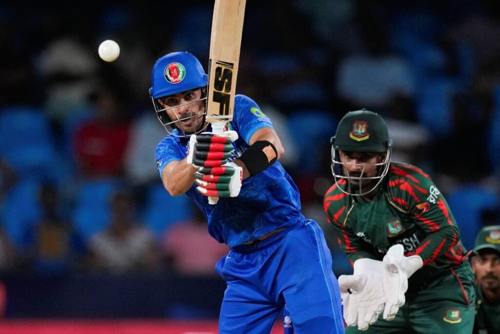 Afghanistan's Rahmanullah Gurbaz bats during the men's T20 World Cup match between Afghanistan and Bangladesh at Arnos Vale Ground, Kingstown, St Vincent and the Grenadines, on Monday. AP PHOTO - 
