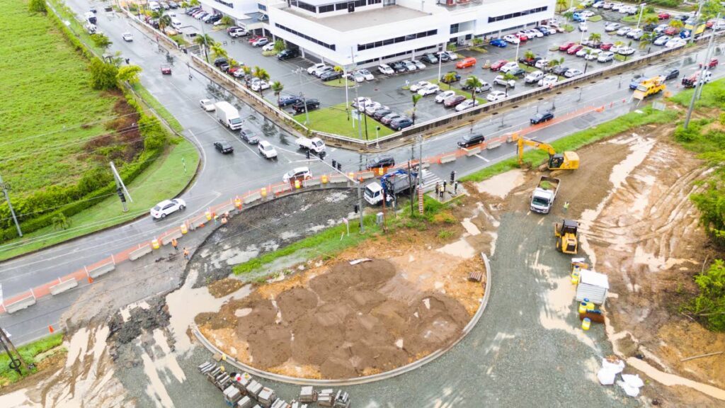 An aerial view of ongoing works at the intersection at Shirvan, Tobago, where a roundabout is being constructed. - Photo courtesy DIQUD