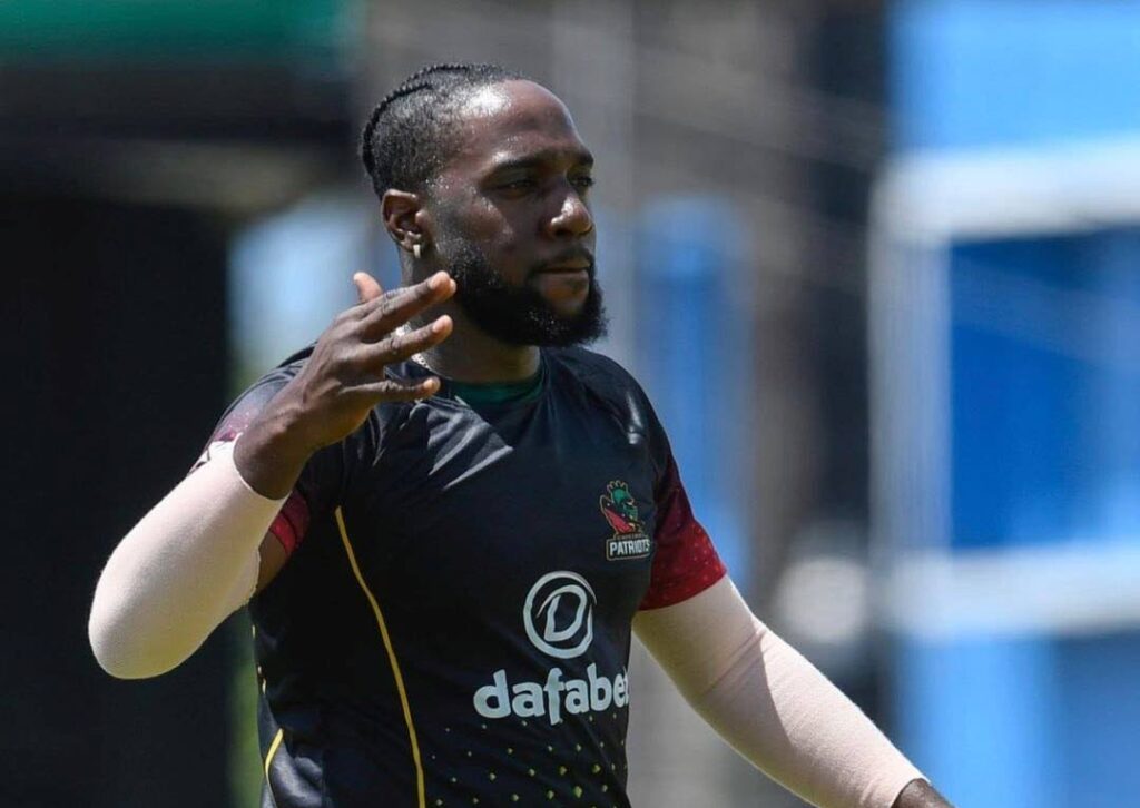 St Kitts and Nevis Patriots fast bowler Jeremiah Louis celebrates a wicket in Caribbean Premier League action. Photo courtesy Jeremiah Louis Facebook page.  - 