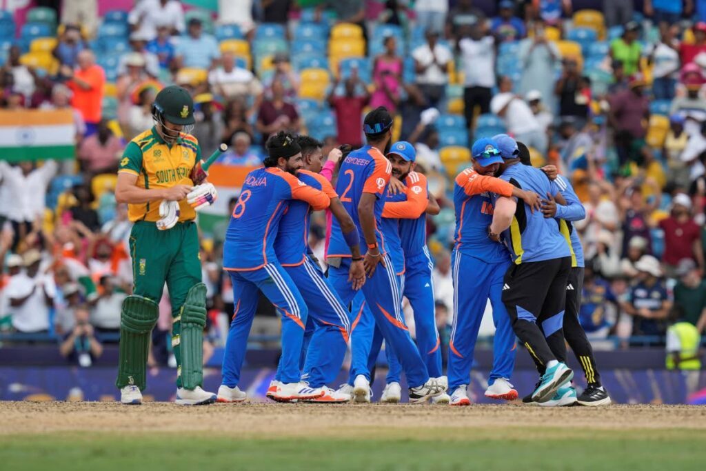 India's players celebrate their win against South Africa in the ICC Men's T20 World Cup final cricket match at Kensington Oval in Bridgetown, Barbados, on June 29, 2024. - AP PHOTO