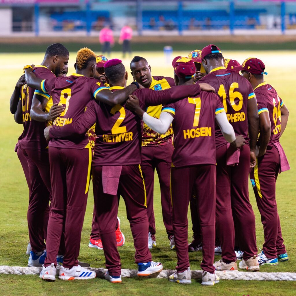 West Indies captain Rovman Powell, centre, talks to his players during their final warm-up match on May 30 at the Queen’s Park Oval, Port of Spain before the start of the ICC T20 World Cup. - 