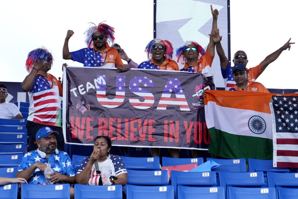 Fans of the United States cheer before an ICC Men’s T20 World Cup match vs  Ireland at the Central Broward Regional Park Stadium in Lauderhill, Florida., Friday. - AP PHOTO