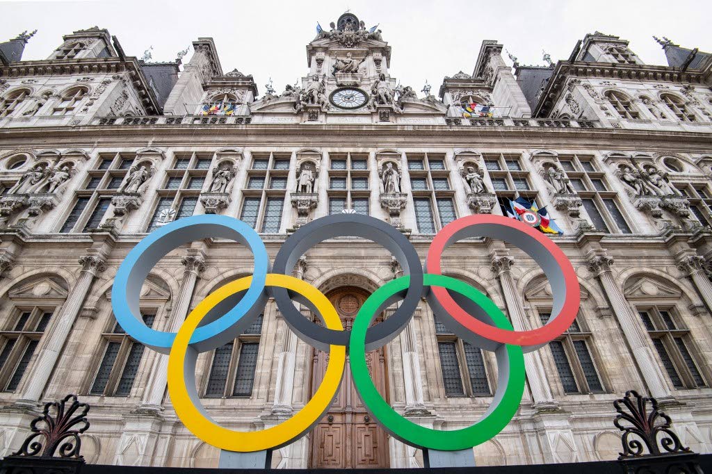 This general view shows the Olympic rings on display in front of The City Hall in Paris on March 13 ahead of the 2024 Olympic Games.  - AFP PHOTO