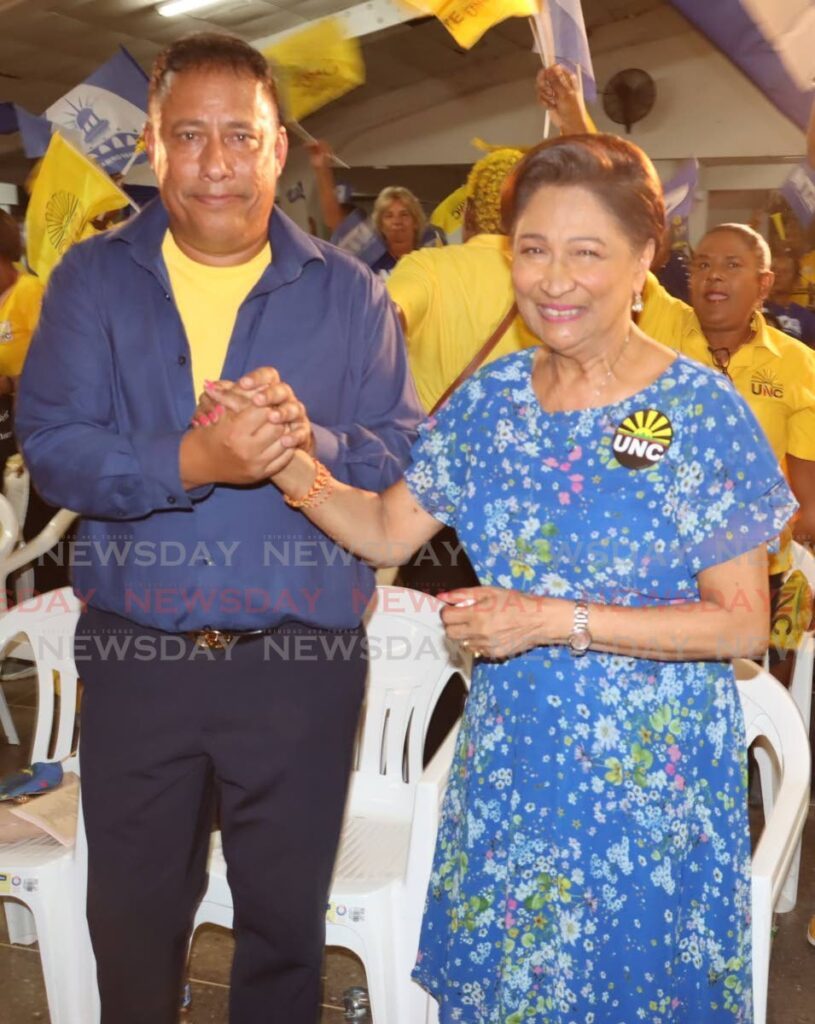 NTA political leader Gary Griffith and UNC political leader Kamla Persad-Bissessar at a joint UNC/NTA political rally at SWWTU Hall, Wrightson Road, Port of Spain, in July 2023. - File photo by Roger Jacob