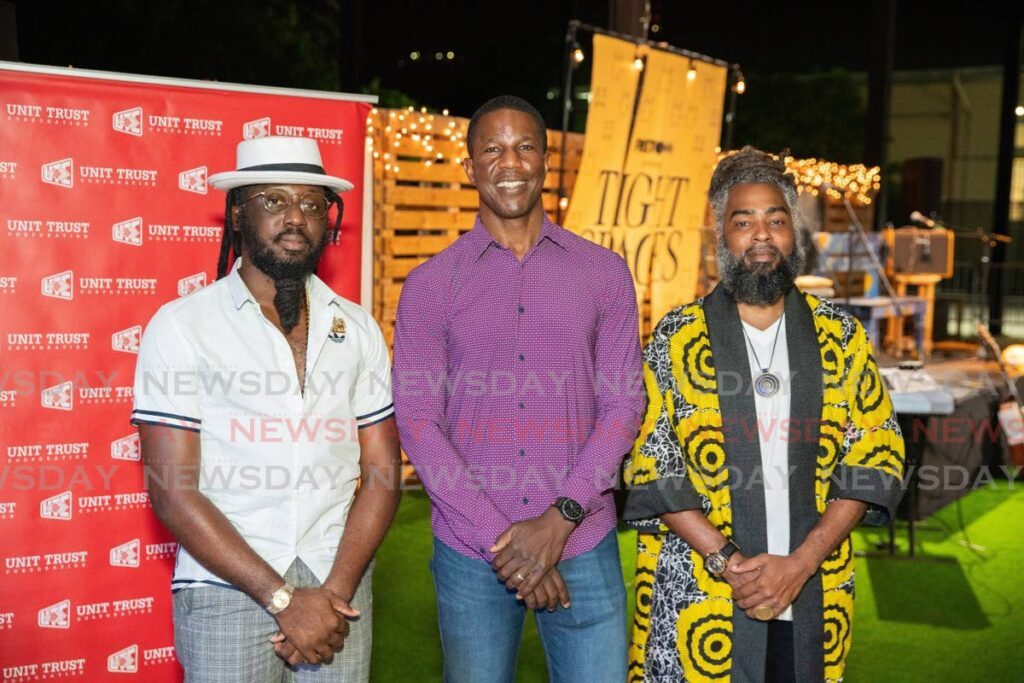  Lou Lyons of Freetown Collective , left, UTC's  executive director Nigel Edwards and Muhammad Muwakil at the band's Tight Spaces event, Sound Forge, Mucurapo, on June 19.. - 