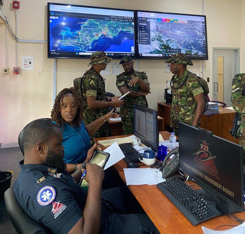 TEMA, Defence Force officers and Division of Infrastructure officials at the Tobago operations centre co-ordinating the response to Hurricane Beryl on July 2. - Photo courtesy Trinidad and Tobago Regiment 