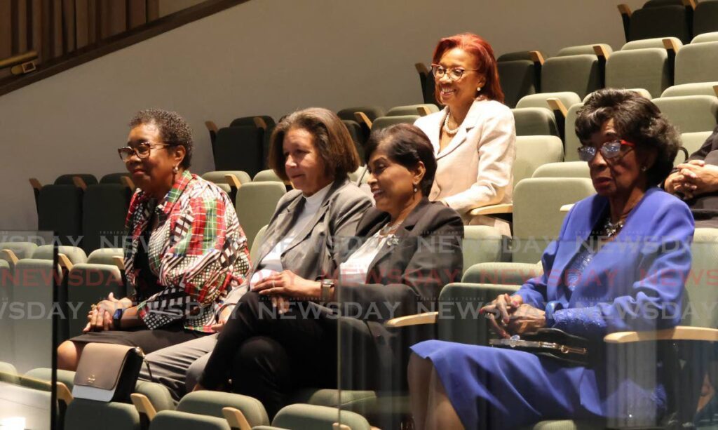 Past women parliamentarians, from left, Hazel Manning, Tina Gronlund-Nunez, Christine Sahadeo and Joan Yuille-Williams seated in the public gallery during the July 9 debate.