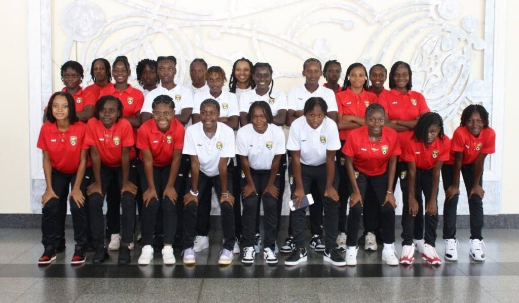 Members of the Grenada women's football team contingent at the Piarco International Airport in Trinidad on July 11. The team will compete in the 3 W - Women Warriors Wellness Football invitational tournament from July 13-19. Photo courtesy the TT Defence Force.  - 