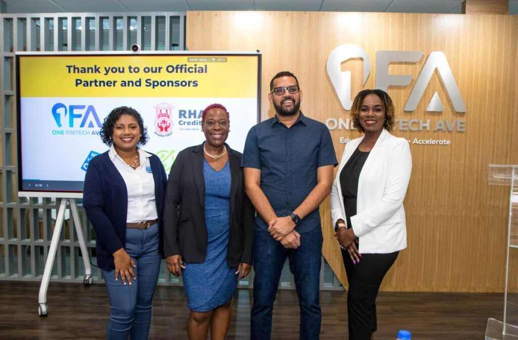 Andrea Ragoo, finance expert and CEO of Your Virtual CFO, left; Tamara Mon Louis, founder of Monivan Digital; John Outridge, CEO, TTIFC; and Dana Hayes-Burke, international business strategist, at the opening day of the MSME programme at One FinTech Avenue. - Photo courtesy TTIFC 