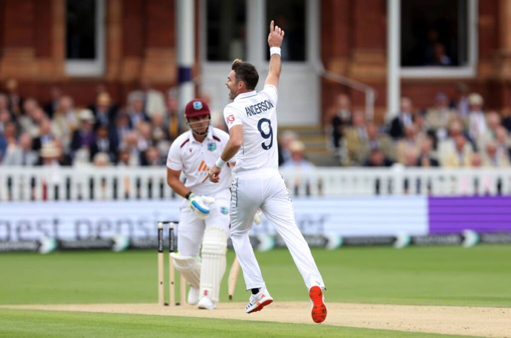 England's Jimmy Anderson celebrates the wicket of West Indies batsman Joshua Da Silva on day three of the first Rothesay Men's Test match at Lord's Cricket Ground, London on July 12. - AP PHOTO