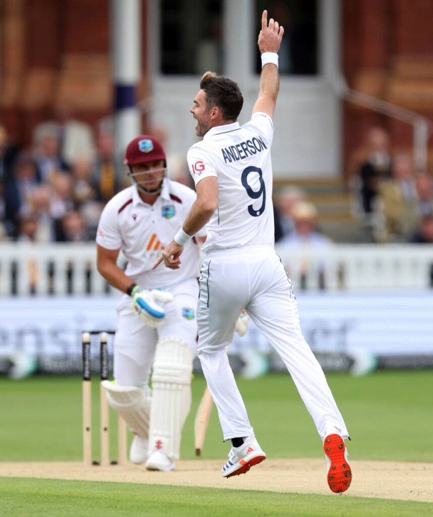 England's Jimmy Anderson celebrates the wicket of Joshua Da Silva on day three of the first Rothesay Men's Test match at Lord's Cricket Ground, London, on Friday. AP PHOTO - 