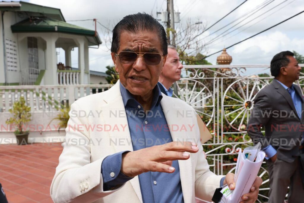 Ramesh Lawrence Maharaj SC addressing the media outside of the Krishna Mandir, San Fernando on July 14. - Photo by Jeff K. Mayers 