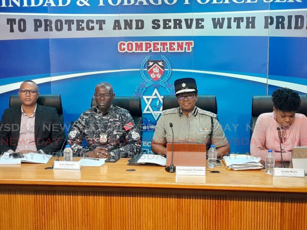 From left, Snr Supt Homicide Bureau  Sean DhillPaul, Deputy Commissioner Operations Junior Benjamin, Police Commissioner Erla Harewood-Christopher and Deputy Commissioner Intelligence and Investigations Suzette Martin a media briefing at Police Headquarters in Port of Spain on July 14.  - Photo by Gregory Mc Burnie