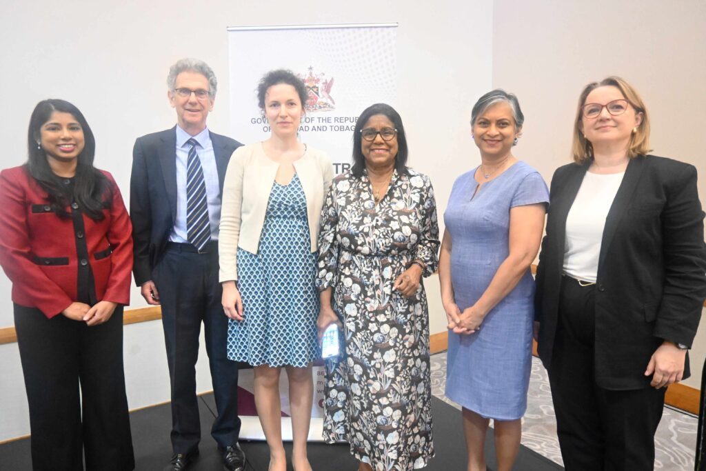 Candice Lackhansingh, Director, Policy and Strategy Directorate, MTI, left; David Hughes, Consultant, UNCTAD; Ina Hodge, E-commerce and Digital Economy Branch, Technology and Logistics Division, UNCTAD; Paula Gopee-Scoon, Minister of Commerce; Ava Mahabir-Dass, Deputy Permanent Secretary, MTI and Joanna Kazana, UN Resident Coordinator, at the eTrade Ready Validation and E-commerce Strategy Vision workshop, Hyatt Regency, Port of Spain, July 16. - Photo courtesy of MTI