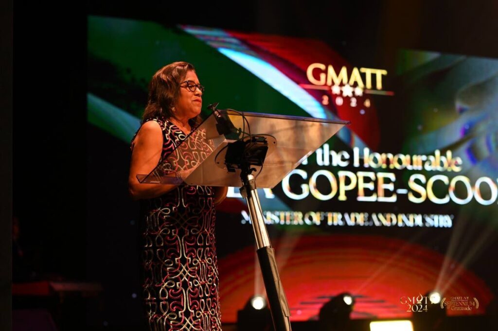 Sen Paula Gopee-Scoon addresses the Gospel Music Awards of TT awards ceremony at SAPA, San Fernando. - 