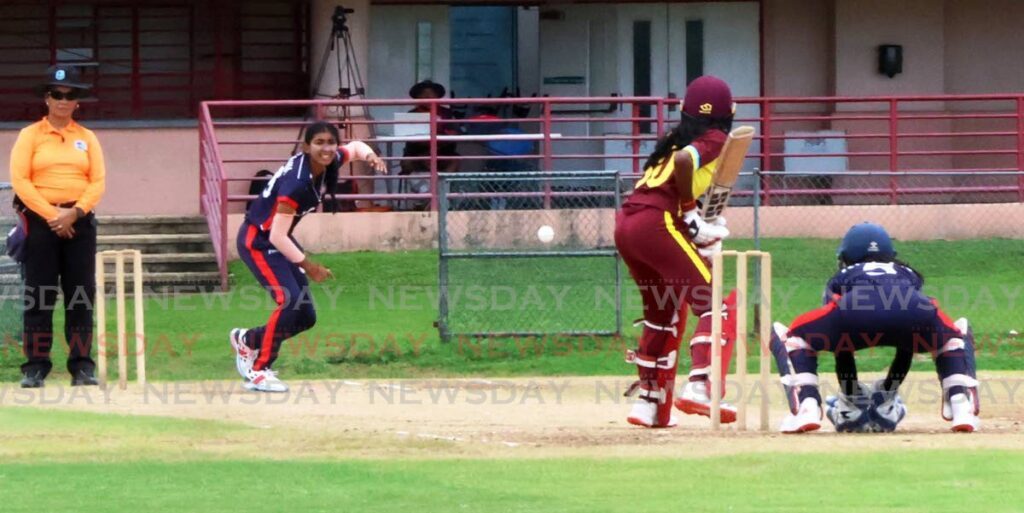 US spinner Aditi Chudasama bowls to West Indies captain Samara Ramnath in the first match of a five-match T20 Under-19 women's series between the two teams at the Sir Frank Worrell Memorial Ground, University of the West Indies, St Augustine on July 20. - Photo by Roger Jacob