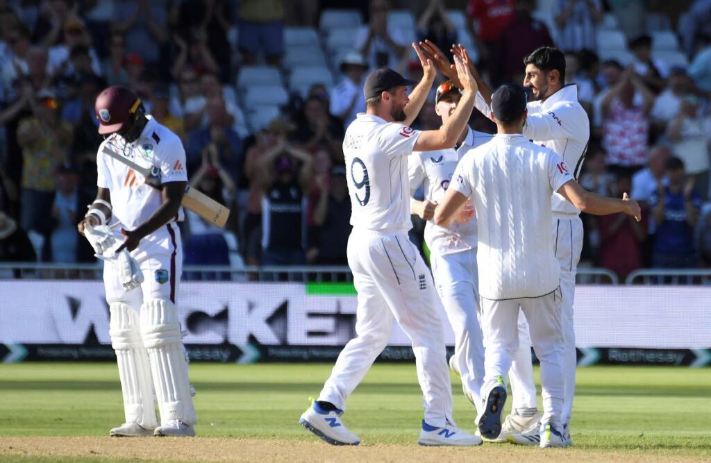 England's Shoaib Bashir, left, celebrates with team mates after England's victory during day four of the second Test at Trent Bridge cricket ground, Nottingham, England, on July 21, 2024.  - AP PHOTO