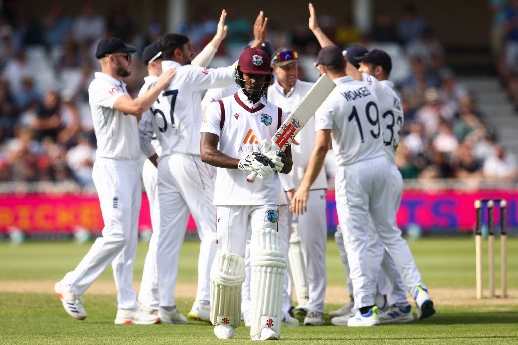 West Indies Alick Athanaze walks back to the pavilion as England players celebrate on the fourth day of the second Test at Trent Bridge in Nottingham on Sunday.  - AFP PHOTO