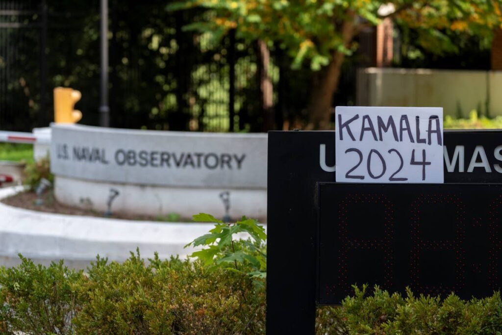 WAITING ON KAMALA: A sign is placed in front of the US Naval Observatory where Vice President Kamala Harris lives on July 21. - AP PHOTO