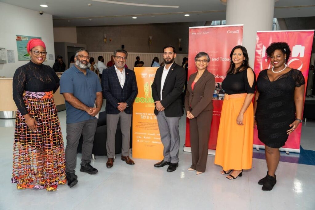 From left to right, Leslie Ann Wills-Caton (FilmTT), Ian Harnarine,Canadian High Commissioner Arif Keshani, Sanjiv Boodhu, Ava Mahabir-Dass, Denise Deonarine (Filmco) and Josanne Lord (CreativeTT) at the prive screening for the film Doubles. - 