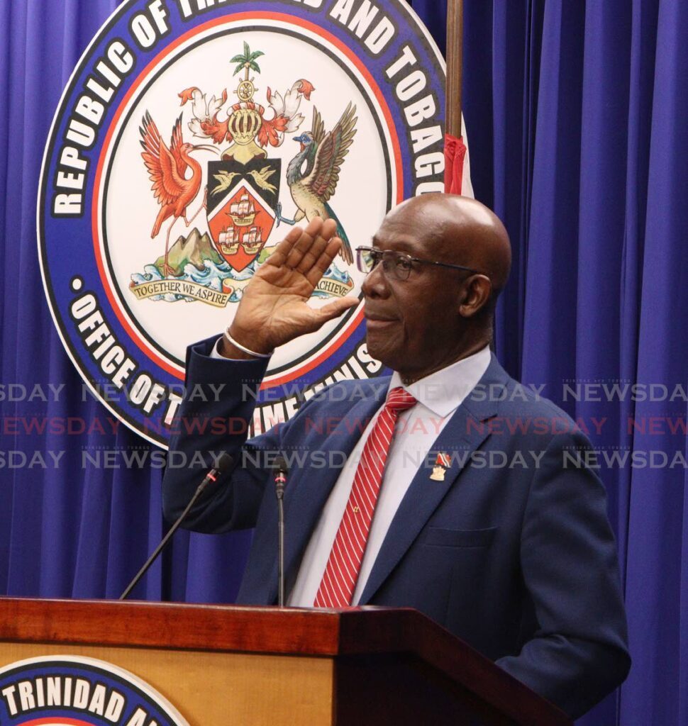 The Prime Minister at a post-cabinet media conference at White Hall, Queen’s Park West, Port of Spain, on Thursday. - Angelo Marcelle