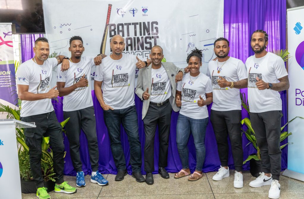 From left: Cricketers Rayad Emrit, Kharry Pierre, TTCS chairman Robert Dumas, Senior Manager, Group Marketing & Communications, Republic Bank Kwame Blanchfield, cricketers Caneisha Isaac, Terrance Hinds, Kjorn Ottley at the TTCS’s launch Relay for Life 2024 event Batting Against Cancer with Republic Bank at RBL Sports Complex, Barataria on June 13. - 