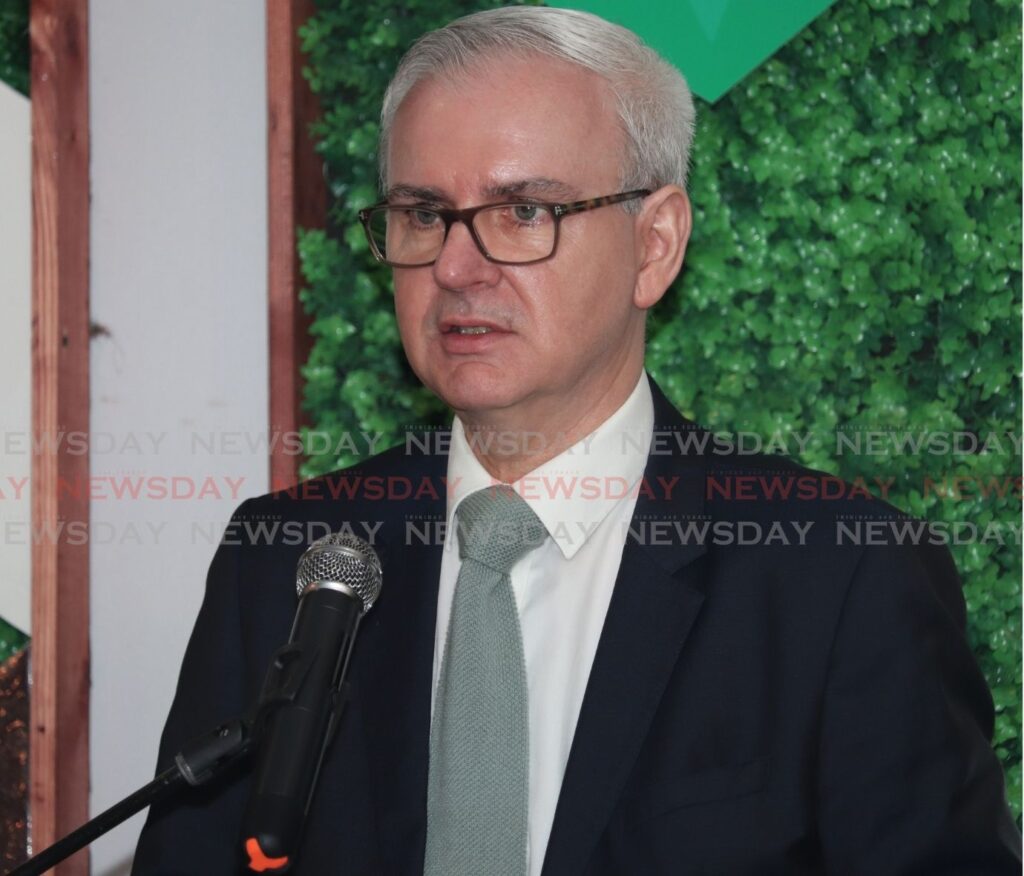 EU ambassador to TT Peter Cavendish gives remarks at the launch of the Solar Park facility at Piarco International Airport on July 30. - Photo by Gabriel Williams