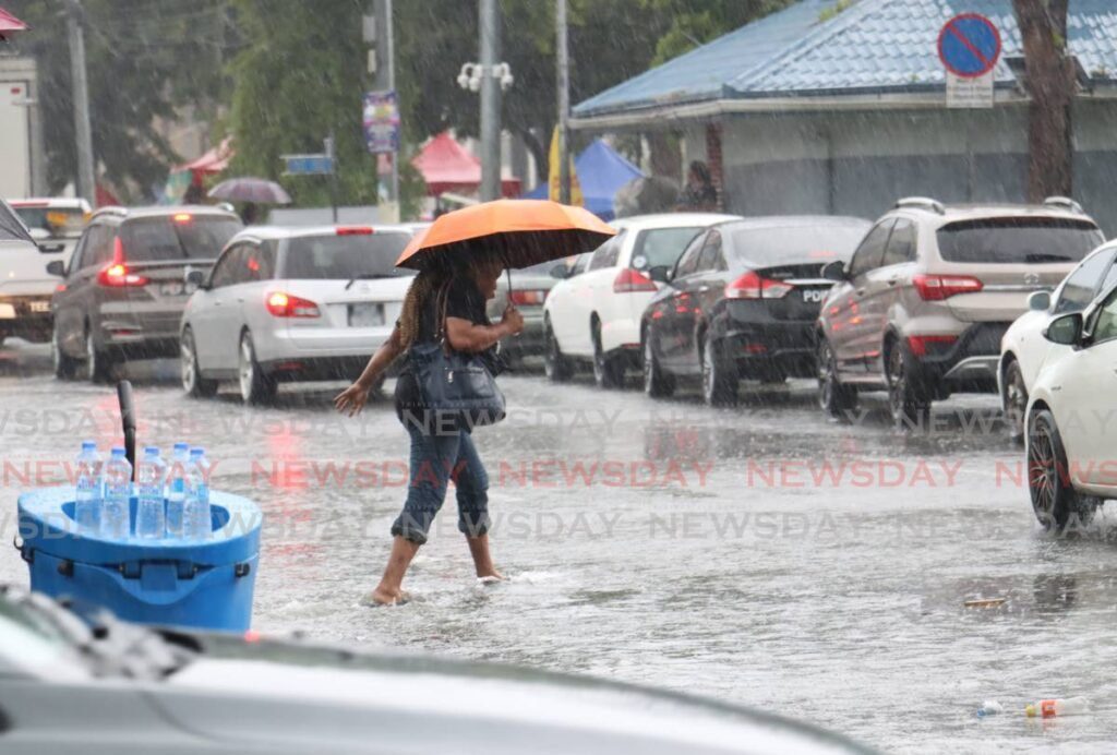 A lady crosses the road in flood waters on Independence Square, Port of Spain. - File photo by Faith Ayoung