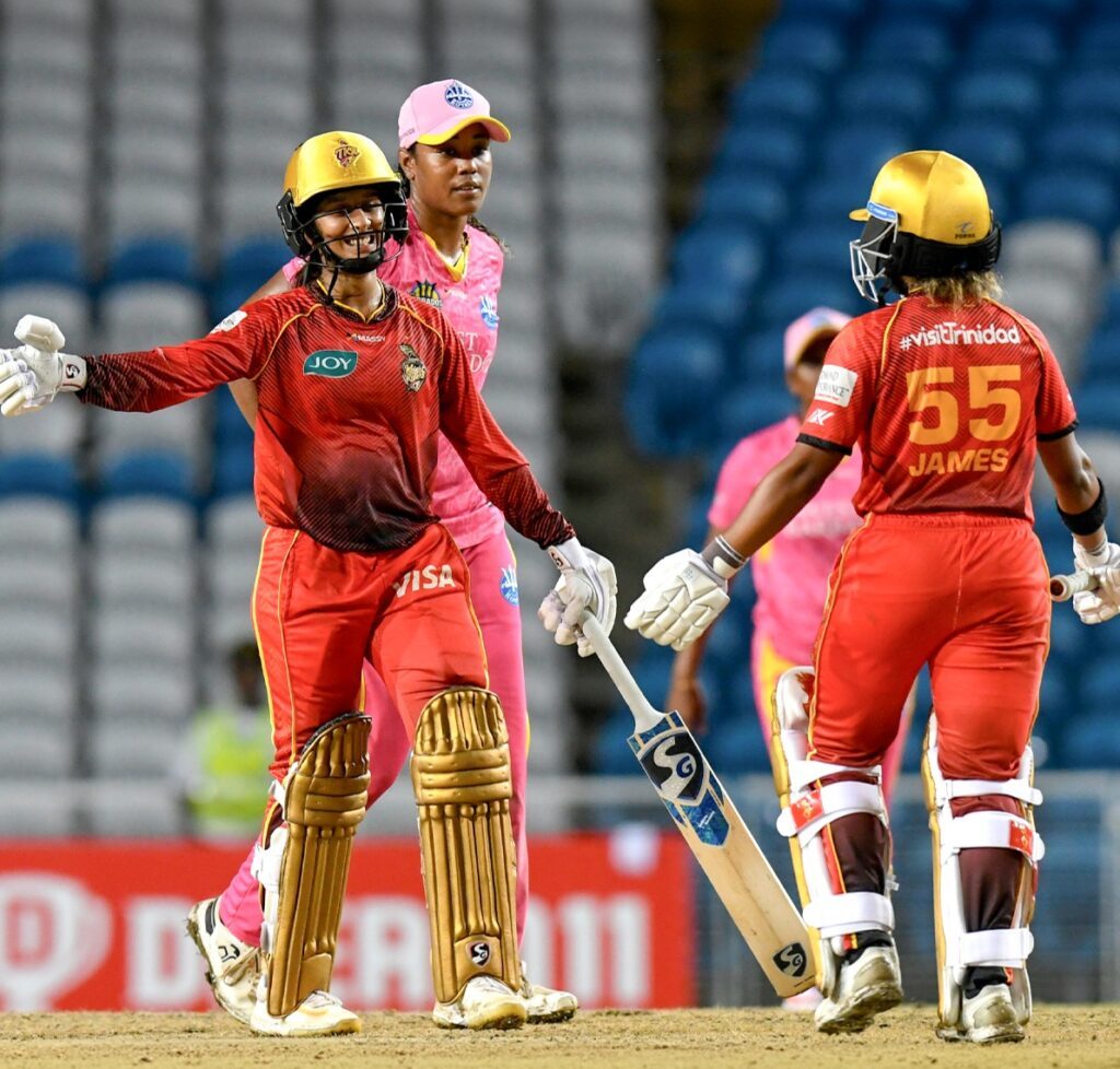 TKR women celebrate victory over Barbados Royals in the Massy Women's CPL on August 27 at the Brian Lara Cricket Academy, Tarouba. - PHOTO COURTESY TKR