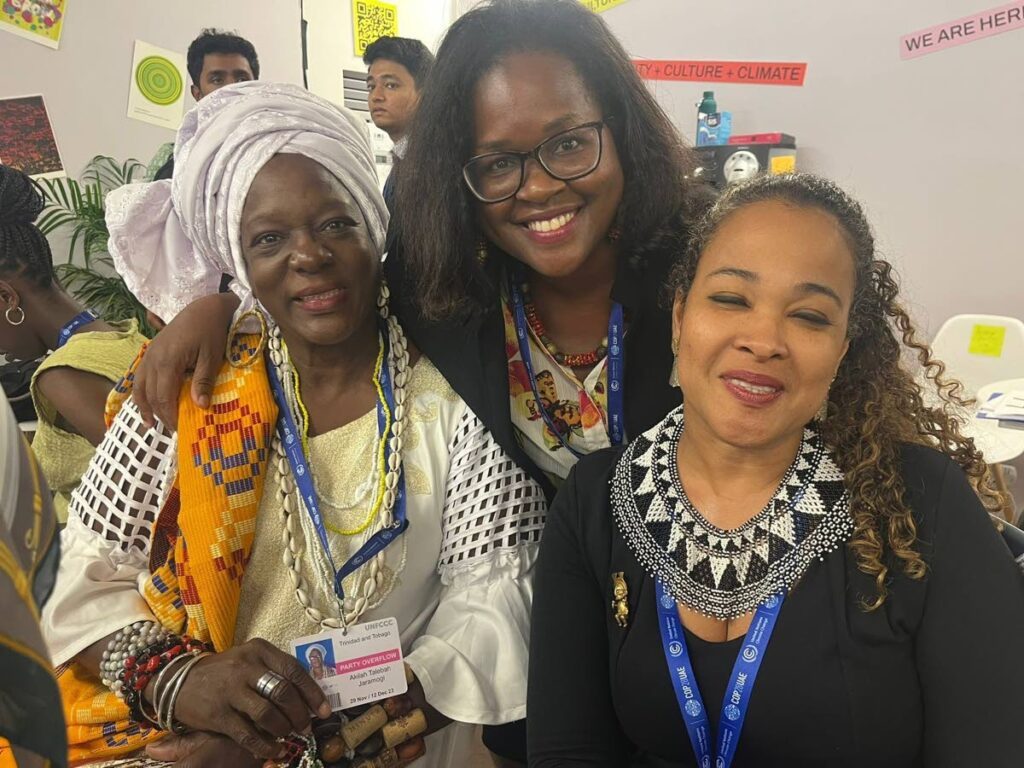 From left, Iya Akilah Jaramogi, paramount chief of the Merikins, Trinidad and Tobago; Yamide Dagnet, director for Climate Justice, Open Society; Caroline Mair-Toby, director of Institute for Small Islands. - Courtesy Caroline Mair-Toby