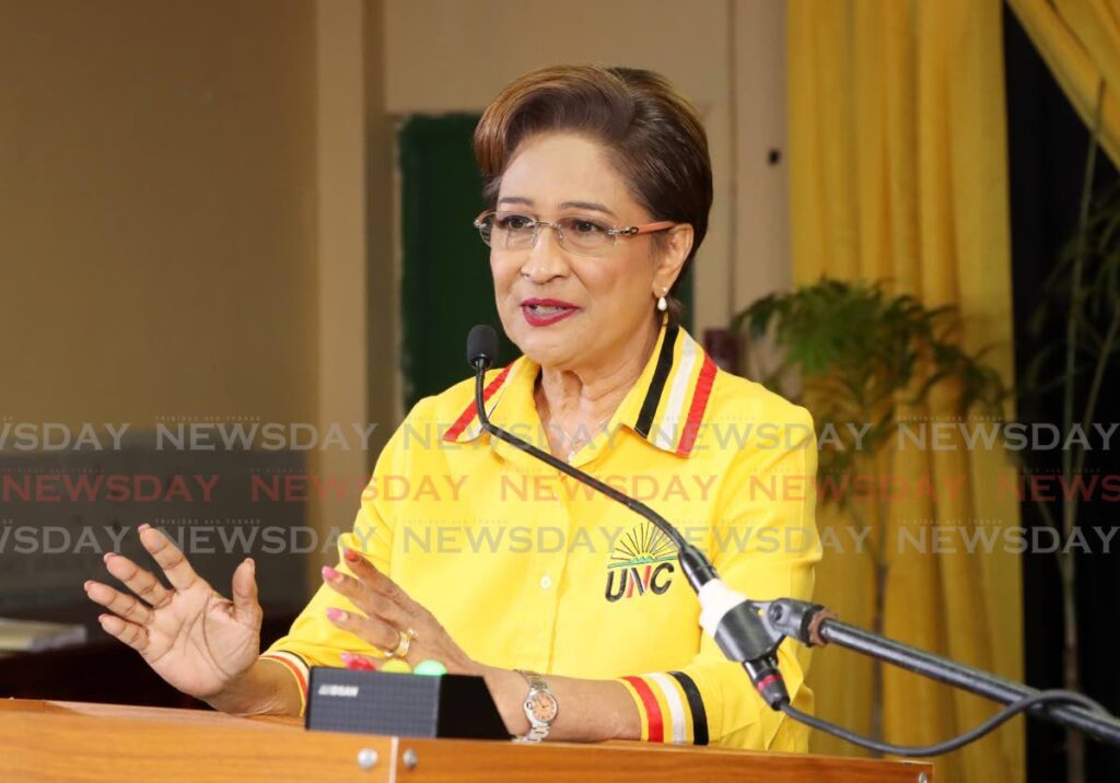 Opposition Leader Kamla Persad-Bissessar during a cottage meeting at the party's headquarters in Chaguanas in June. - File photo by Ayanna Kinsale