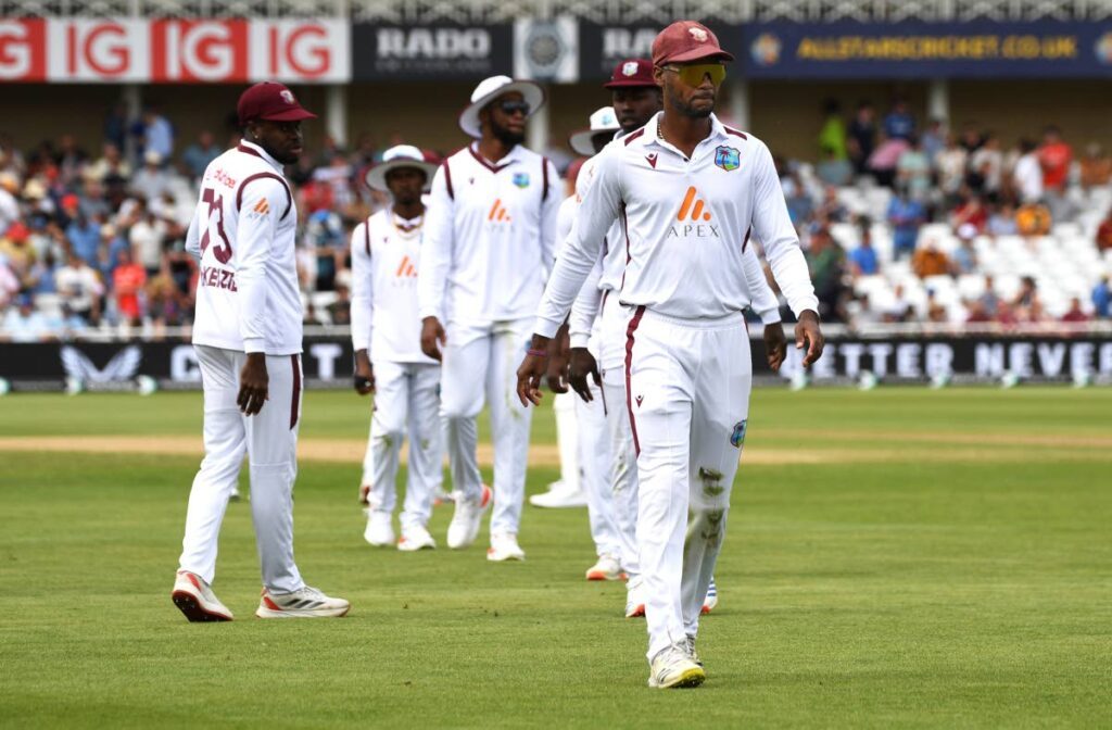 West Indies captain Kraigg Brathwaite (foreground) walks back to the pavilion at the end of England's second innings during day four of the second Test at Trent Bridge cricket ground, Nottingham, England, on July 21, 2024. - AP PHOTO