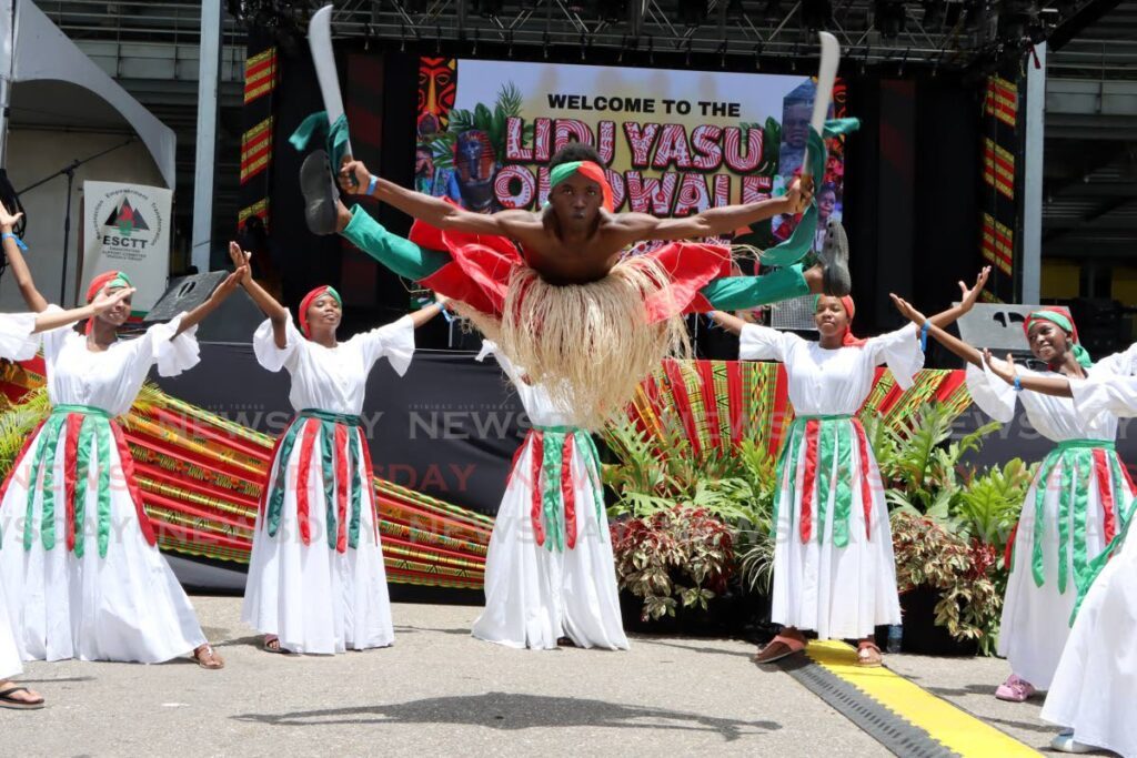 Members of the San Juan South Cultural Organisation perform during the opening of the Lidj Yasu Omowale Village at the Queen's Park Savannah, Port of Spain on July 27, 2024 - Photo by Ayanna Kinsale