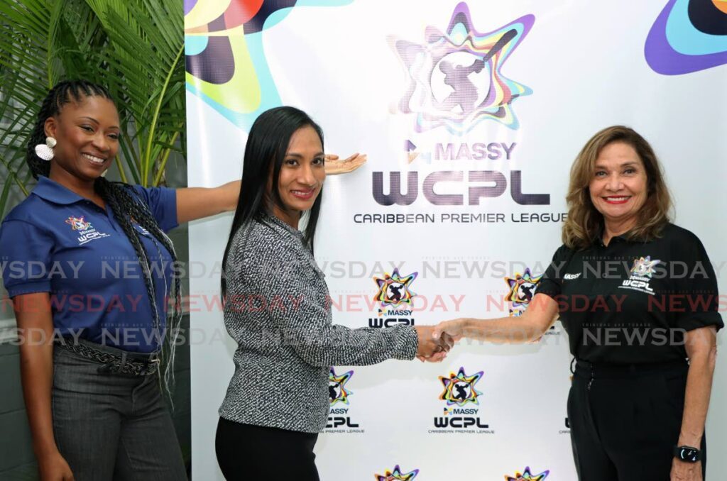 Candice Simmons, from left, WCPL head of regional marketing; Ambikah Mongroo, senior vice-president of Massy Group; and Natalie Black O'Connor, CPL head of branding and hospitality at the Massy WCPL media launch at the Massy head office in Port of Spain on July 31. - Photo by Venessa Mohammed