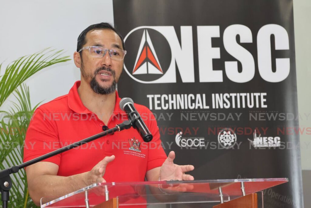 Minister of Energy Stuart Young speaks at a tour of the National Energy Skills Centre drilling rig in Ste Madeleine on August 6. - Lincoln Holder 