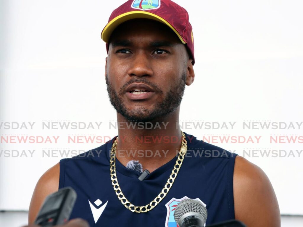 West Indies Test captain Kraigg Brathwaite speaks with the media follwing a team training session, at the Queen’s Park Oval, St Clair, on August 6, 2024. - Venessa Mohammed