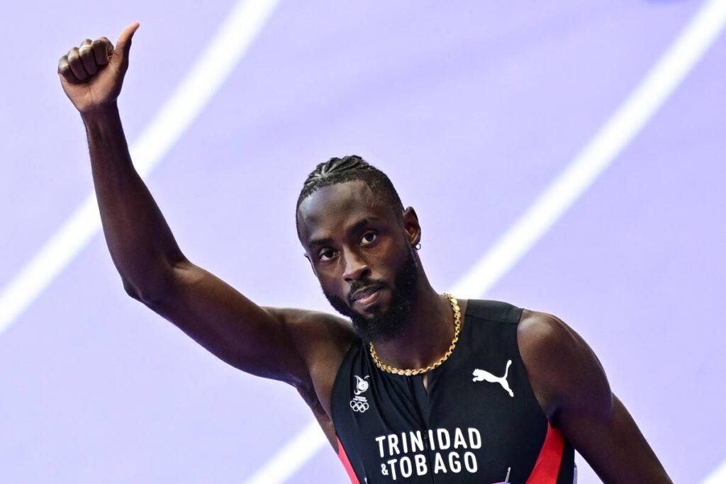 FINALIST: TT's Jereem Richards reacts after securing his spot in the men's 400m final at Stade de France in Saint-Denis, north of Paris, on Tuesday. - AP