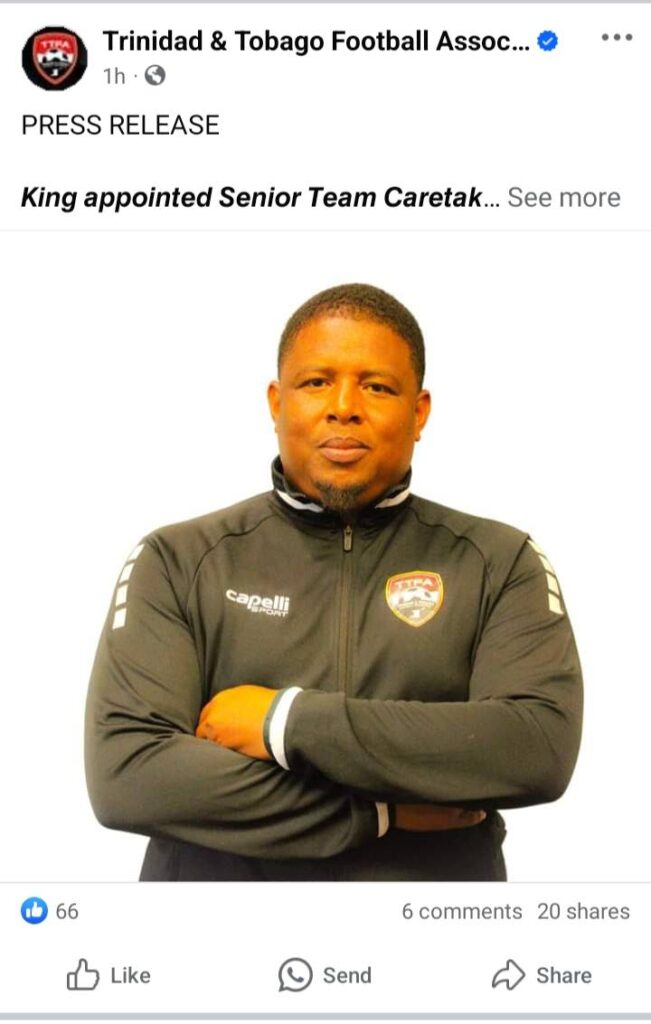 A screenshot of the TTFA Facebook page revealing Derek King as the caretaker coach of the national men's team. The comments section has been removed. - 