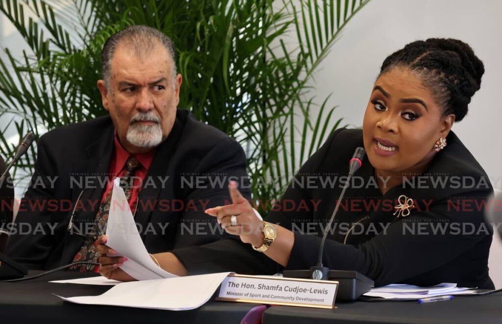 Minister of Sport and Community Development Shamfa Cudjoe-Lewis makes her remarks alongside Larry Romany, SporTT chairman at a press conference held at the VIP Lounge, Hasely Crawford Stadium, Mucurapo on August 13. - Photo by Roger Jacob