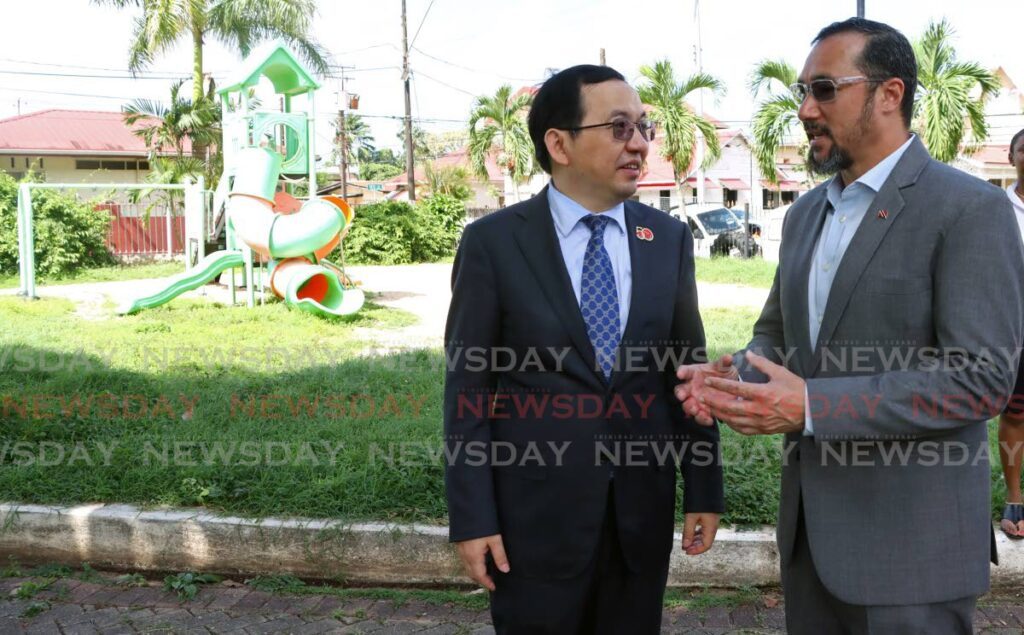 Port of Spain North/St Ann's West MP Stuart Young, right, and Chinese Ambassador Fang Qiu at the groundbreaking ceremony for the reconstruction of the Bert Allette Park in Belmont, Port of Spain, on August 14. -  Photo by Venessa Mohammed