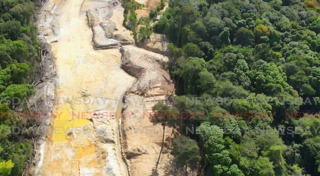 A screenshot from drone footage showing the extent of quarrying activity at Orosco Bay Road, Matura.  - 