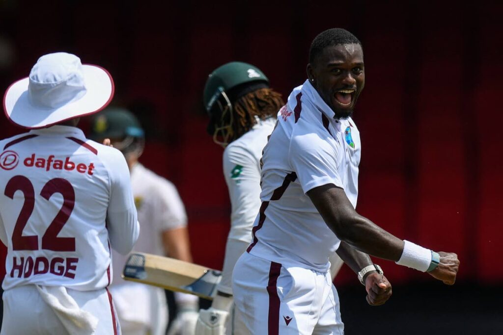 Jayden Seales of West Indies celebrates a wicket during the second Test match against South Africa at Guyana National Stadium in Providence, Guyana, on August 16. Photo by Randy Brooks /AFP - AFP